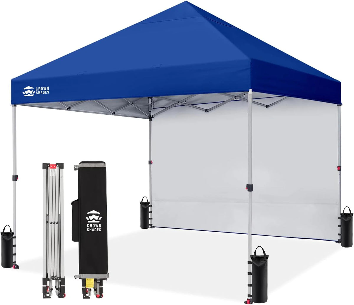 CROWN SHADES 10x10 Pop Up Canopy with 1 Side Wall - Beach Tent with One Push Setup - Outdoor Sun Shade for Events, Parties, Camping - Gazebo with STO-N-Go Cover Bag (White)
