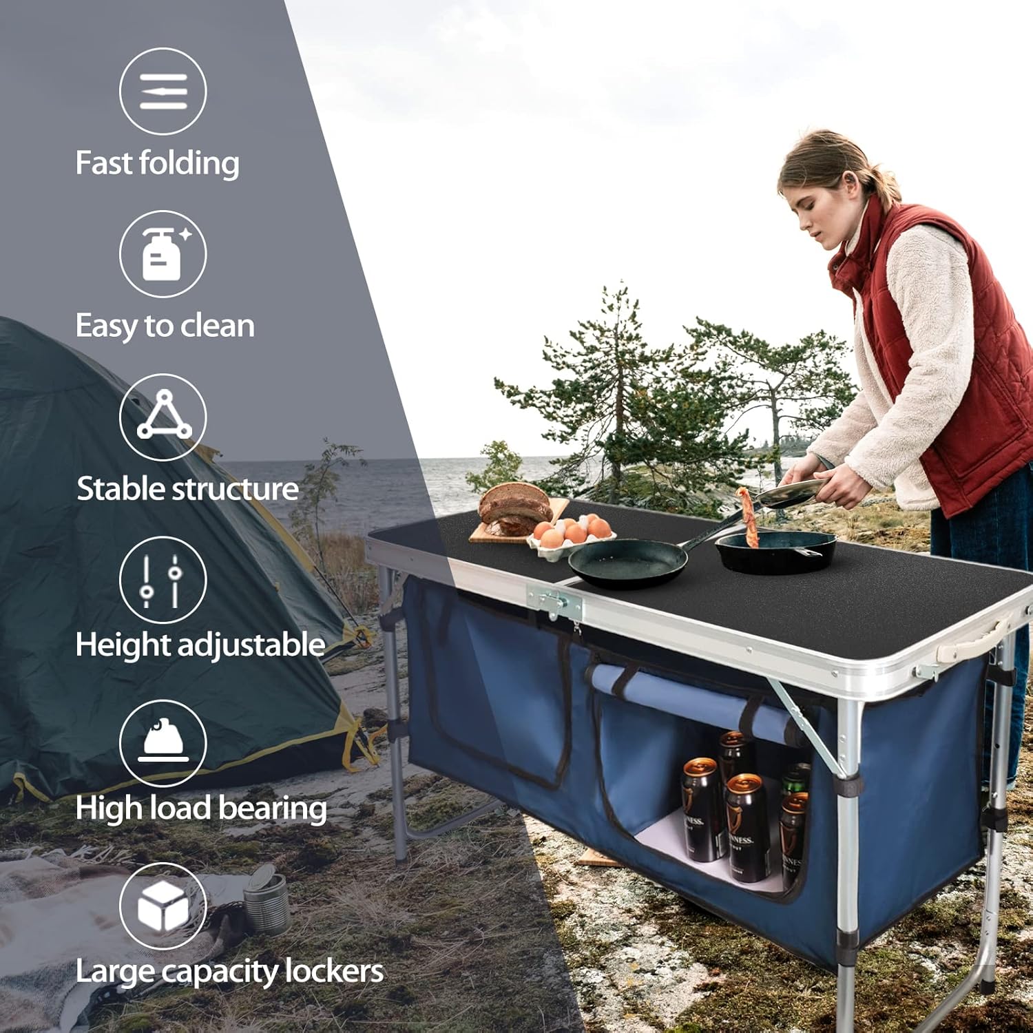 Outdoor Folding Table Aluminum Lightweight Height Adjustable with Storage Organizer for BBQ, Party, Camping