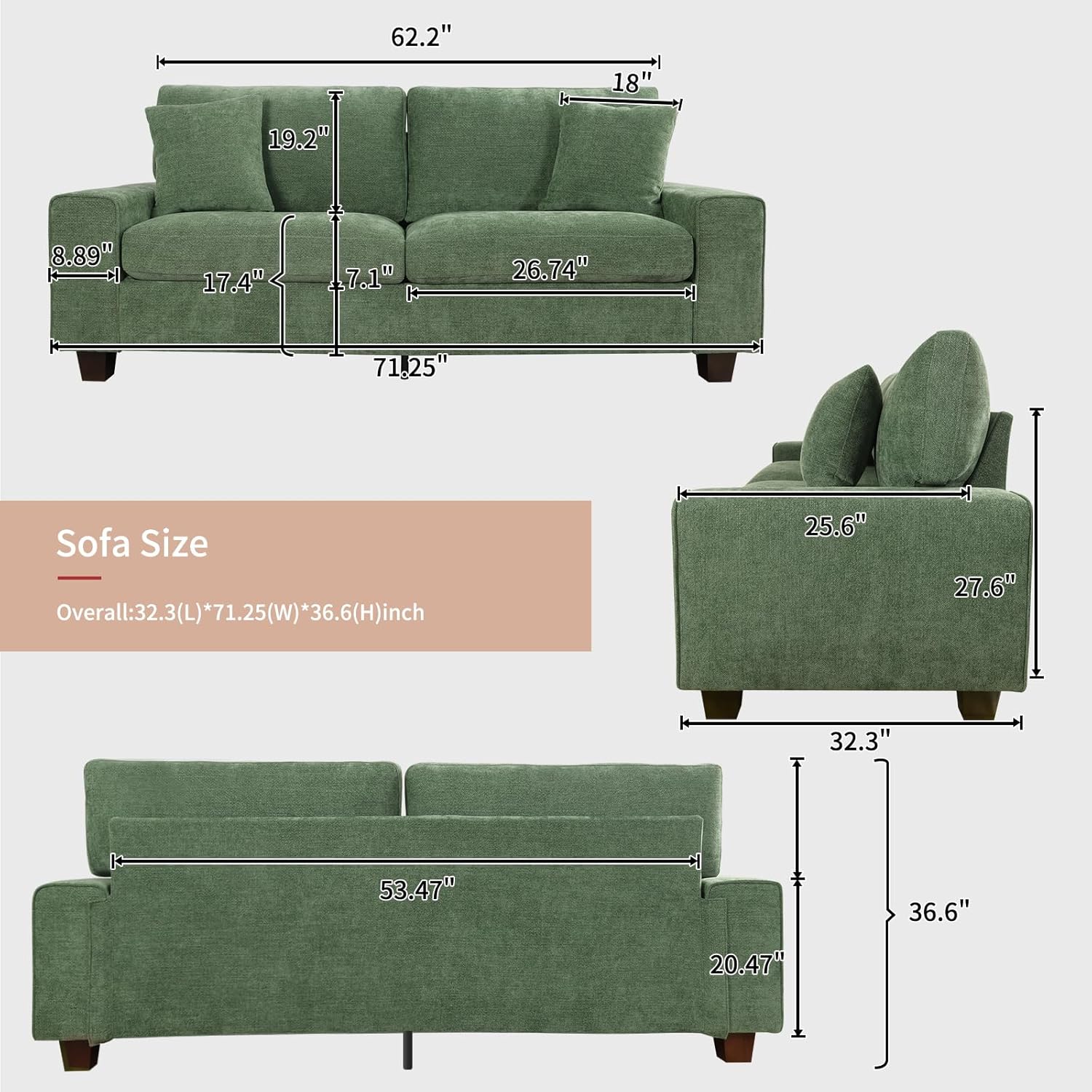 DOPEDIO living room double sofa chenille lounge chair removable solid wood frame