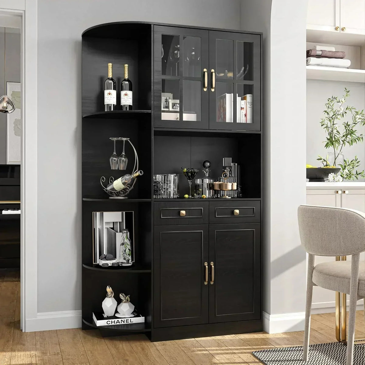 Kitchen Hutch Pantry Cabinet 71 Tall with Glass Doors