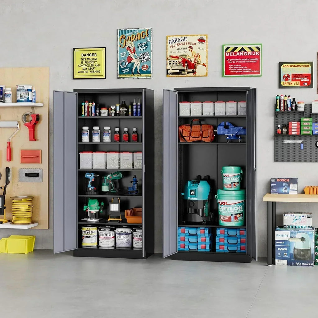 Metal Storage Cabinet with 2 Doors and 6 Shelves Black Metal Cabinet Garage Storage Cabinet