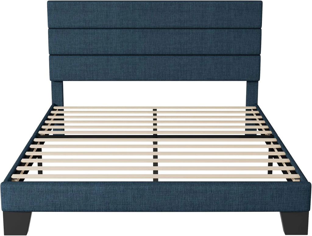 Allewie Queen Size Platform Bed Frame Fabric Upholstered Headboard Wooden Slats Support