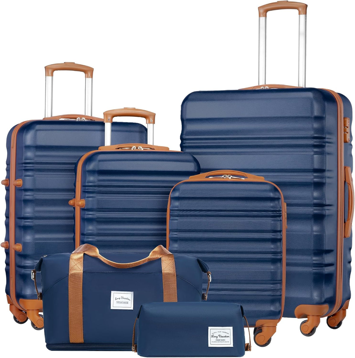 LONG VACATION 6 Piece Luggage Set Carry on Suitcase with ABS+PC hardshell, Spinner Wheels & YKK Zipper TSA Lock