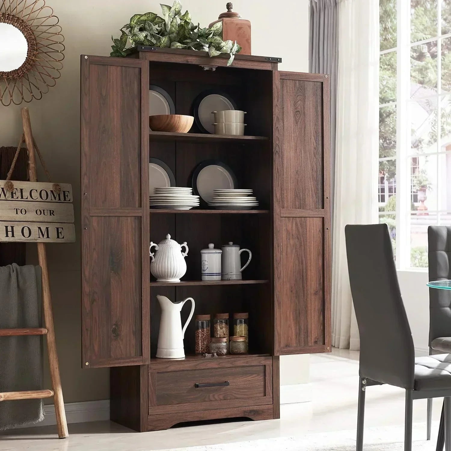JXQTLINGMU Farmhouse Kitchen Pantry 72 Tall Wood Kitchen Storage Cabinet Adjustable Shelves