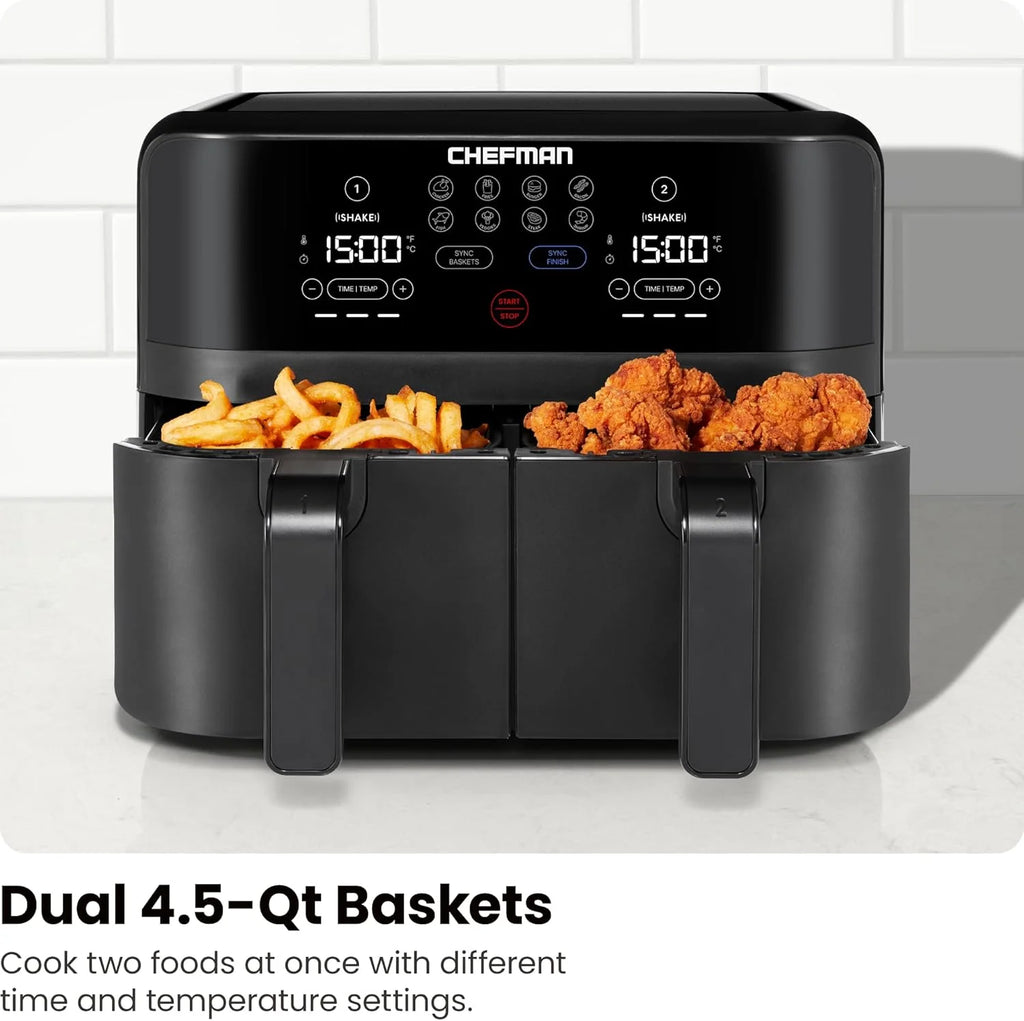 Chefman 6 Quart Dual Basket Air Fryer - Digital Touchscreen, Smart Sync Finish, Hi-Fry, Auto Shutoff, 2 Independent 3QT Nonstick Dishwasher-Safe Frying Baskets - Digital Double Air Fryer - Black