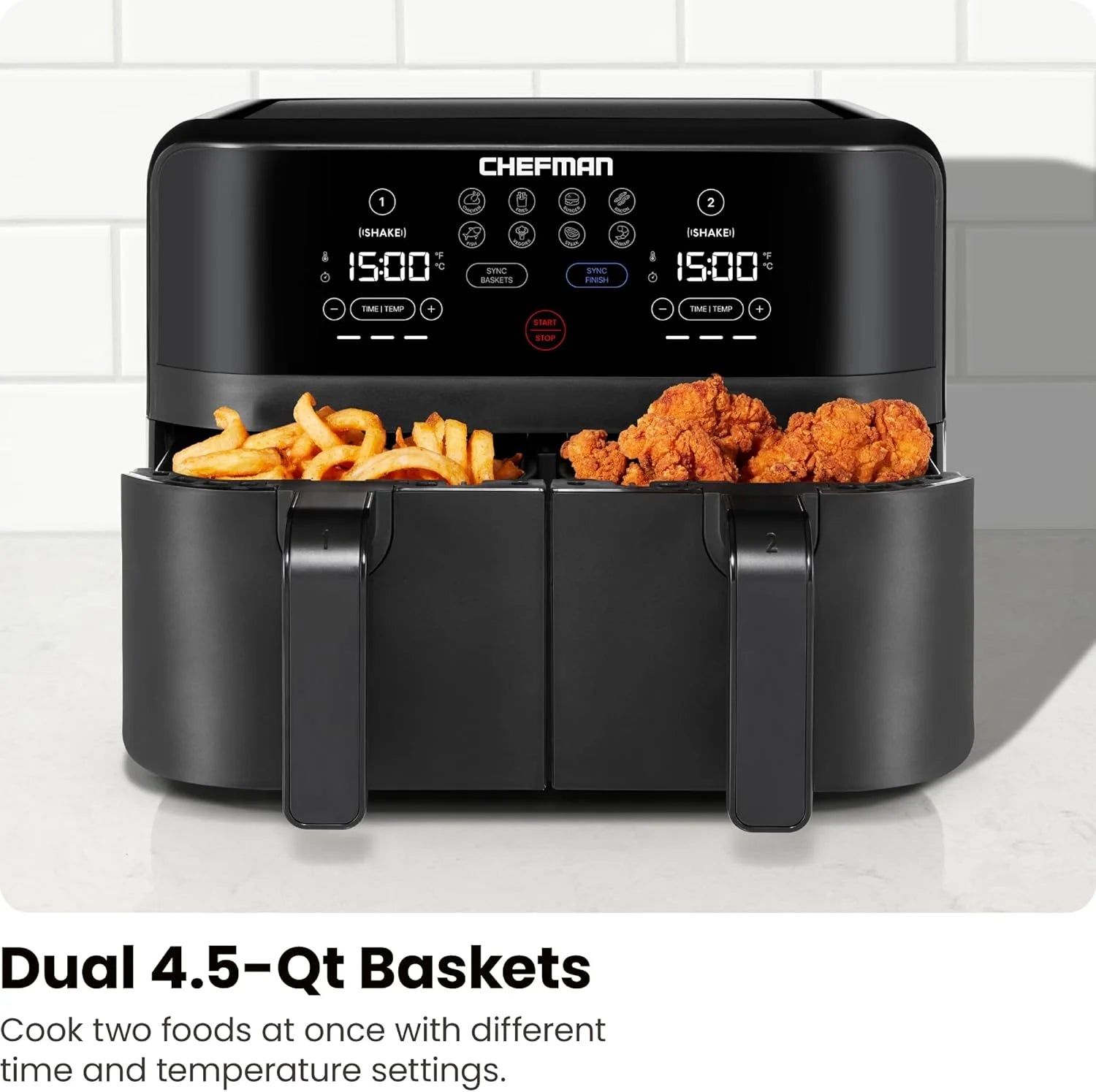Chefman 6 Quart Dual Basket Air Fryer - Digital Touchscreen, Smart Sync Finish, Hi-Fry, Auto Shutoff, 2 Independent 3QT Nonstick Dishwasher-Safe Frying Baskets - Digital Double Air Fryer - Black