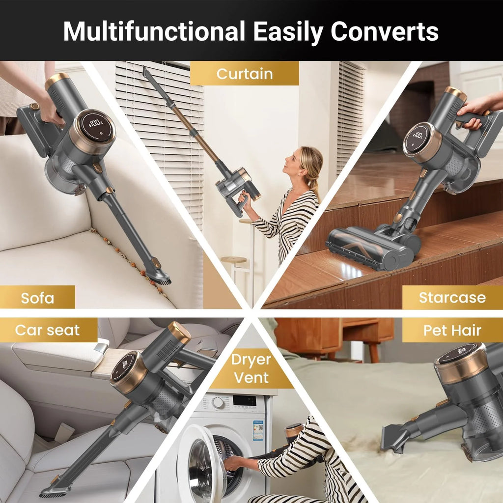 Cordless Vacuum Cleaner, 10-in-1 Lightweight Stick Vacuum with 45mins Runtime, Powerful Suction, LED Touch Screen, Rechargeable Vacuum Cleaners for Home Hardwood Floor Carpet Pet Hair (Gold)