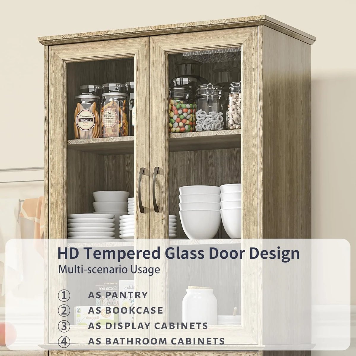 Kitchen Hutch Pantry Cabinet 71 Tall with Glass Doors