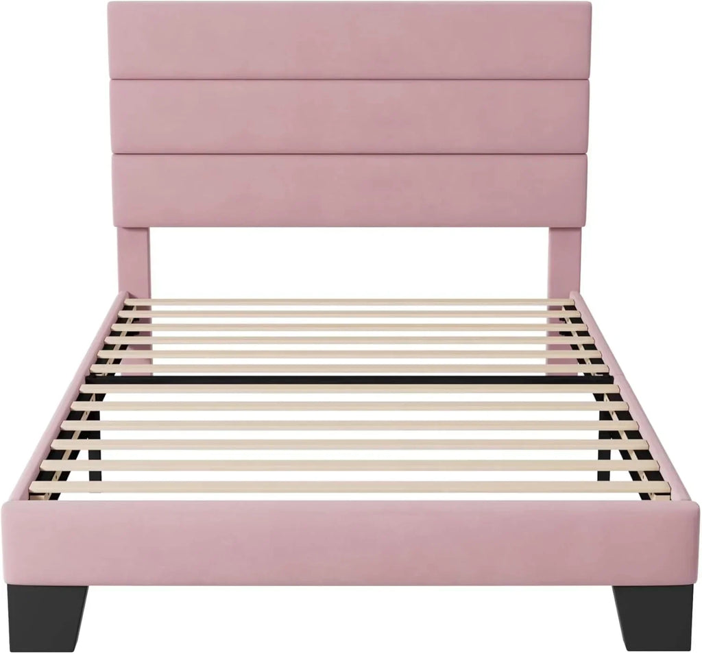 Allewie King size platform bed frame with velvet upholstered headboard and planks