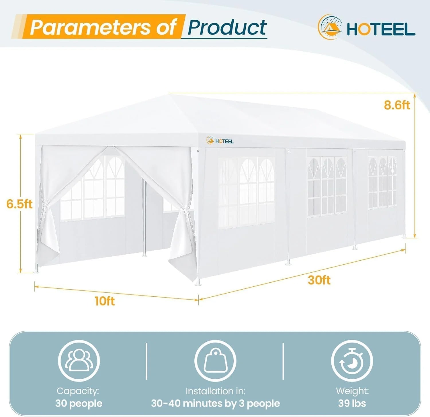 HOTEEL 10x30 Party Tent with 8 Removable Sidewalls for Parties, Weddings, BBQ