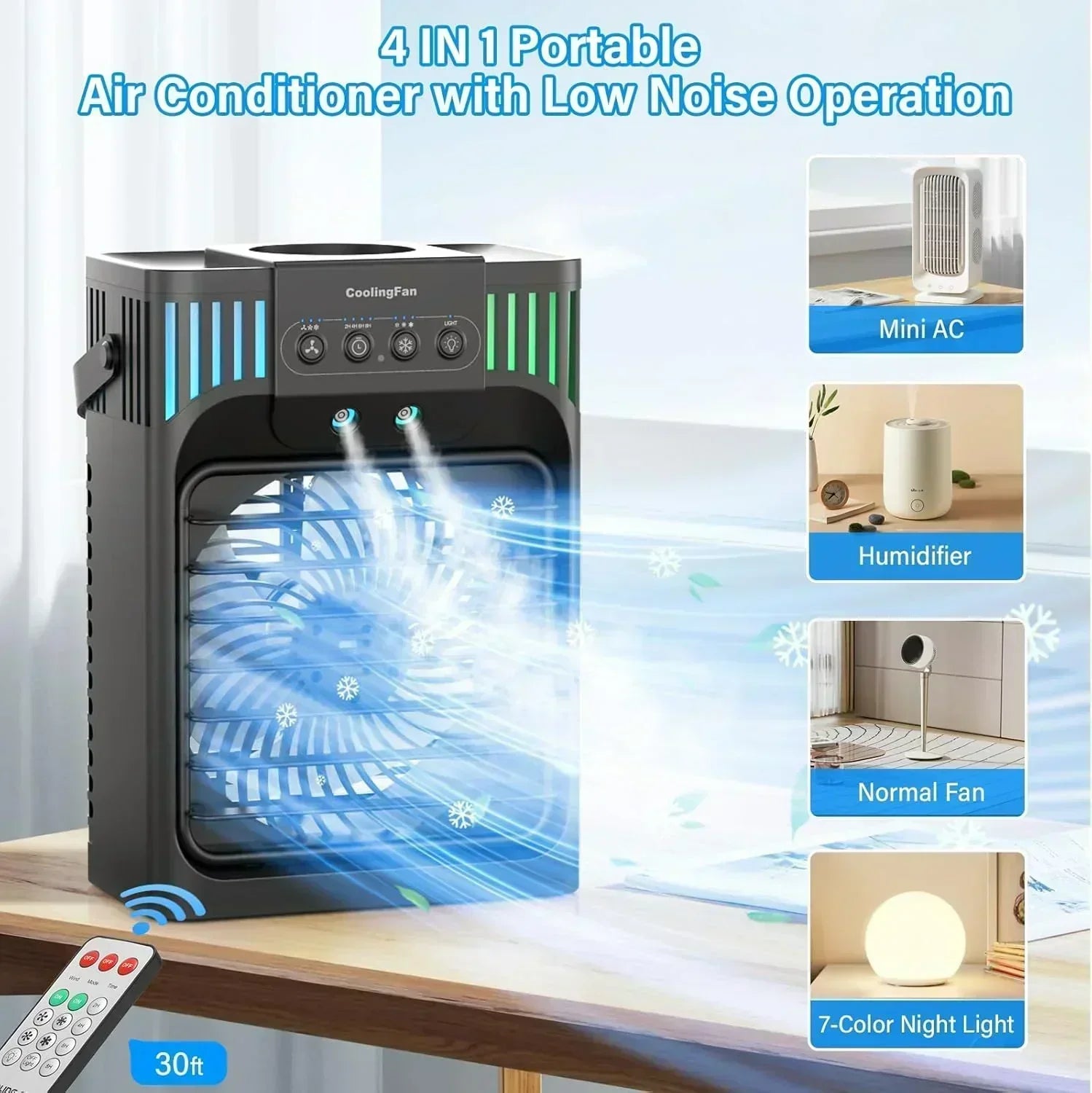 Portable Air Conditioners 4-in-1 Evaporative Air Cooler 3 Modes 7 LED Light Cooling Fan