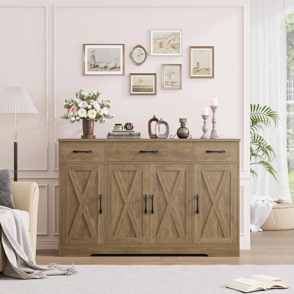 HOSTACK Buffet Cabinet with Drawers, 55 Large Sideboard Buffet Storage Cabinet with Shelves and Doors, Modern Farmhouse Coffee Bar Station Wood Kitchen Table for Kitchen, Dining Room, White/Rustic
