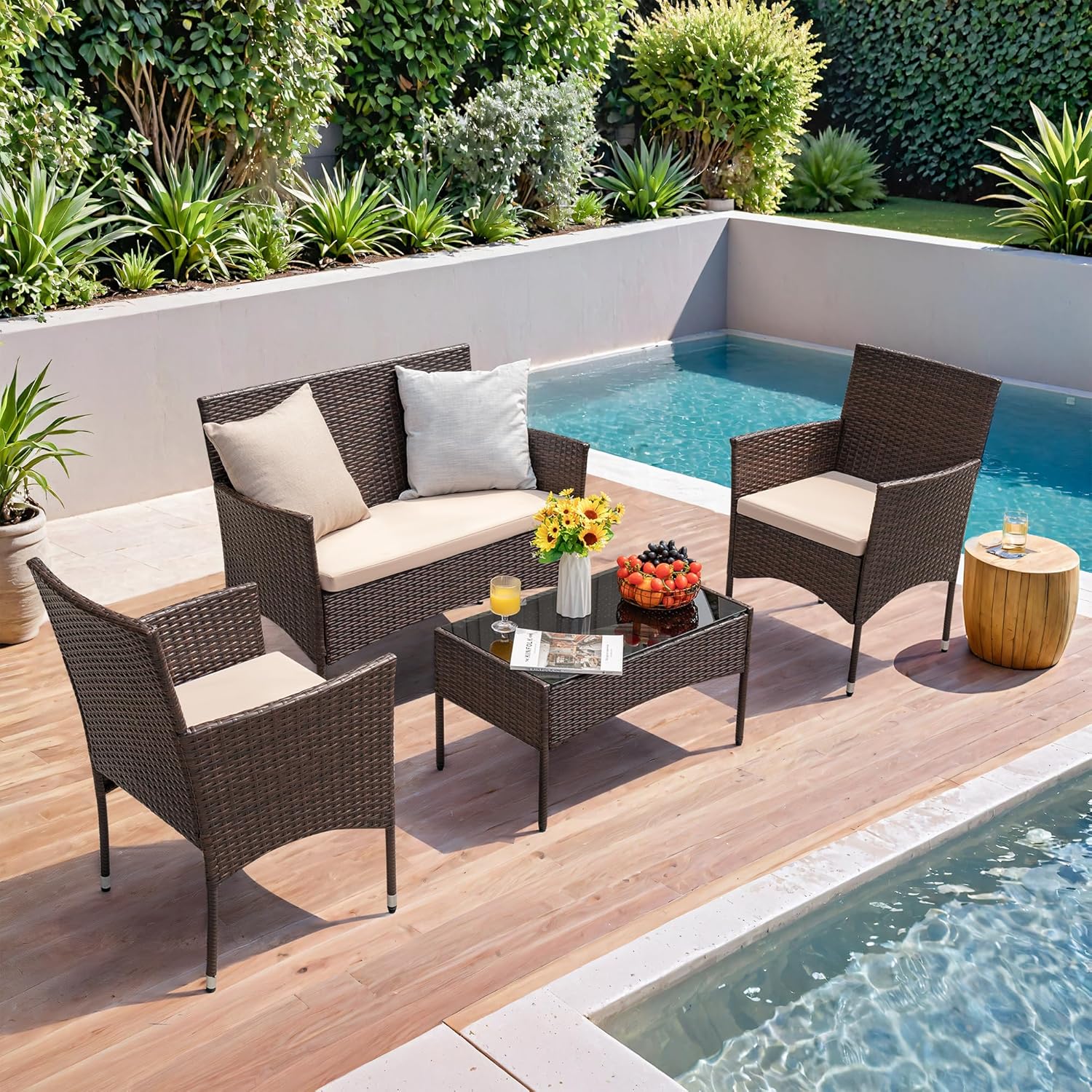 Homall 4 Pieces Outdoor Patio Furniture Sets Rattan Chair Wicker Set, Outdoor Indoor Use Backyard Porch Garden Poolside Balcony Furniture Sets Clearance (Brown and Beige)