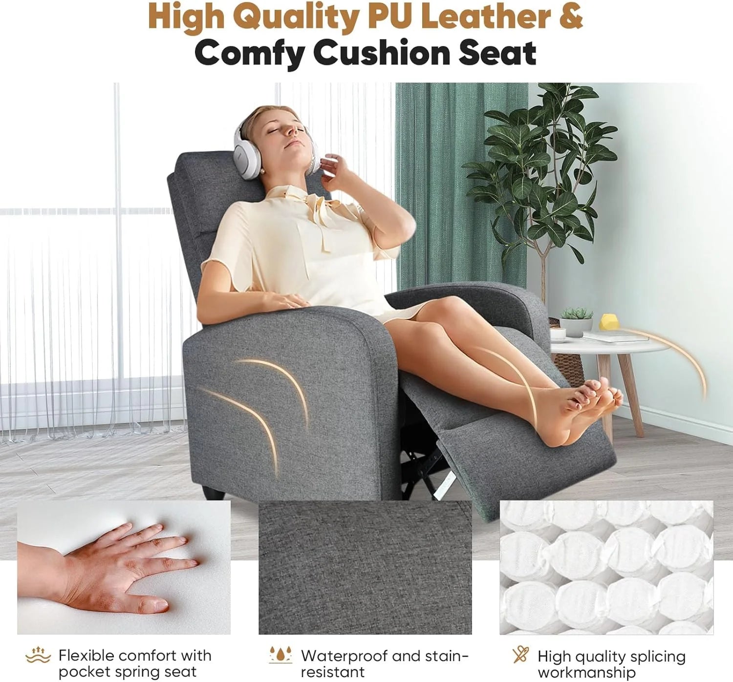 DUMOS Recliner Chair for Adults, Massage Reclining Chair for Living Room, Adjustable Home Theater Seating Single Sofa with Padded Seat Backrest and Footrest, Linen, Grey