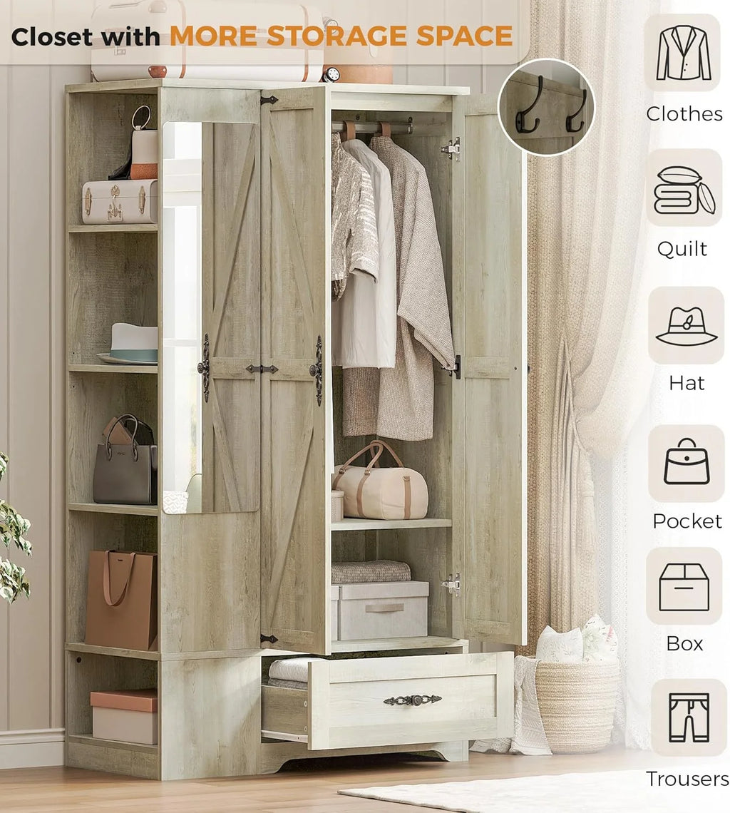 ANCTOR Armoire Wardrobe Closet with Mirror, 70 H Wooden Bedroom Armoires and Wardrobes
