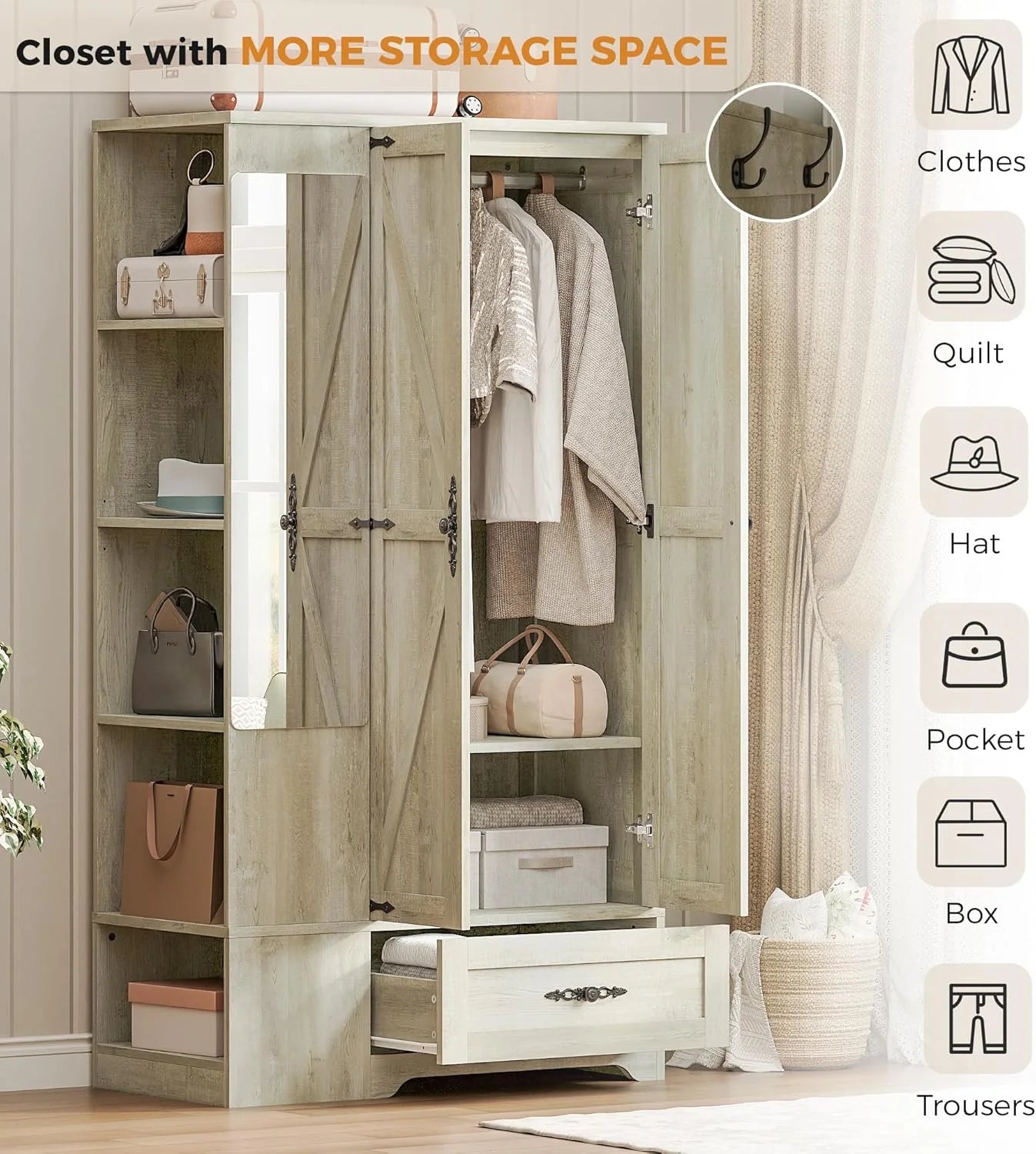 ANCTOR Armoire Wardrobe Closet with Mirror, 70 H Wooden Bedroom Armoires and Wardrobes