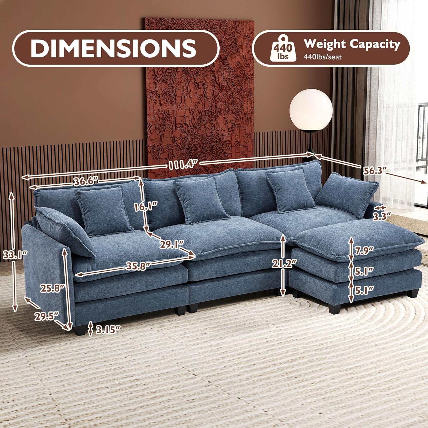 ihanherry 146-inch U-shaped modern sofa modular area cloud sofa