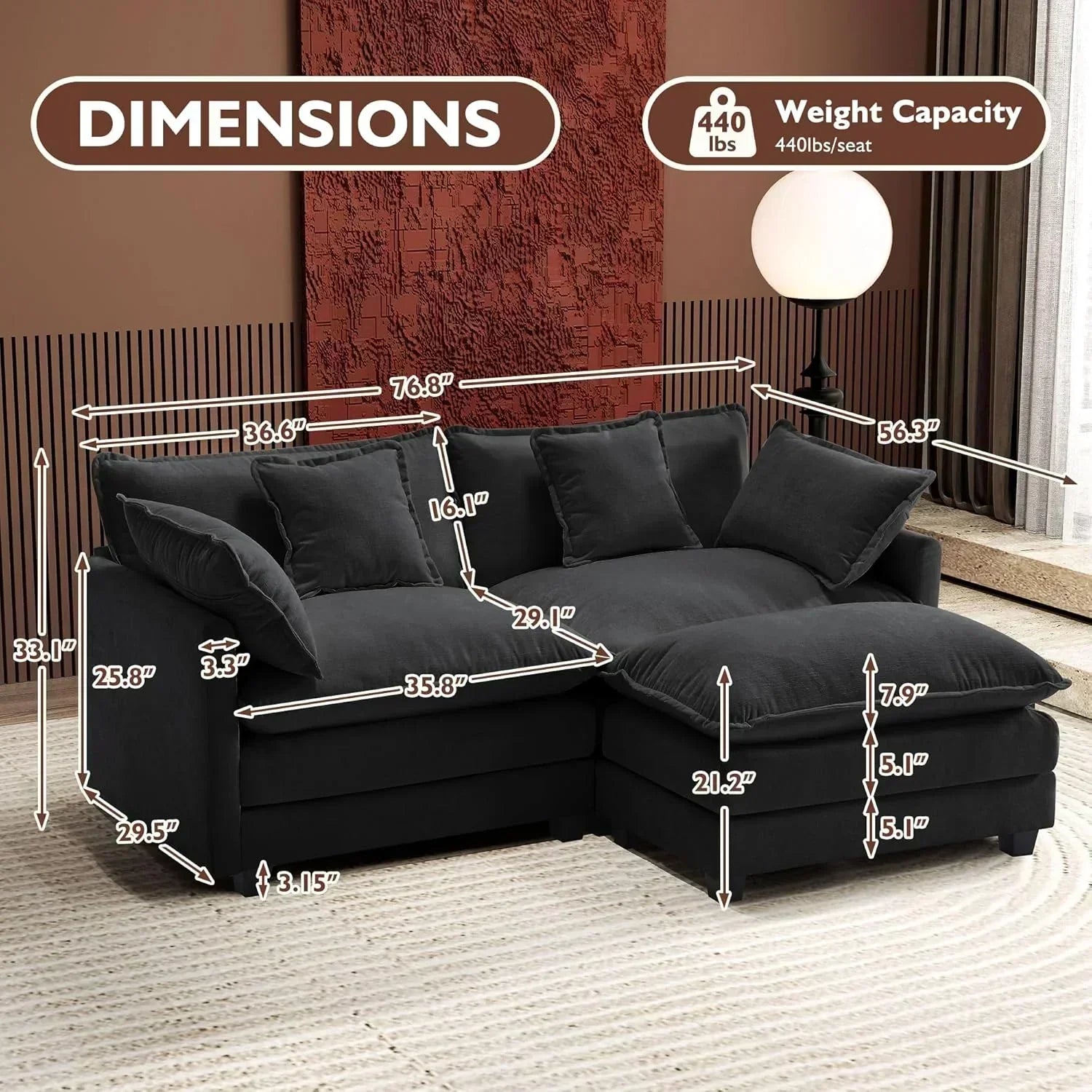 111.4 Inch L Shaped Modern Sofa Modular Cloud Sofa with Ottoman 4 Seater Chenille Deep Seat Sofa