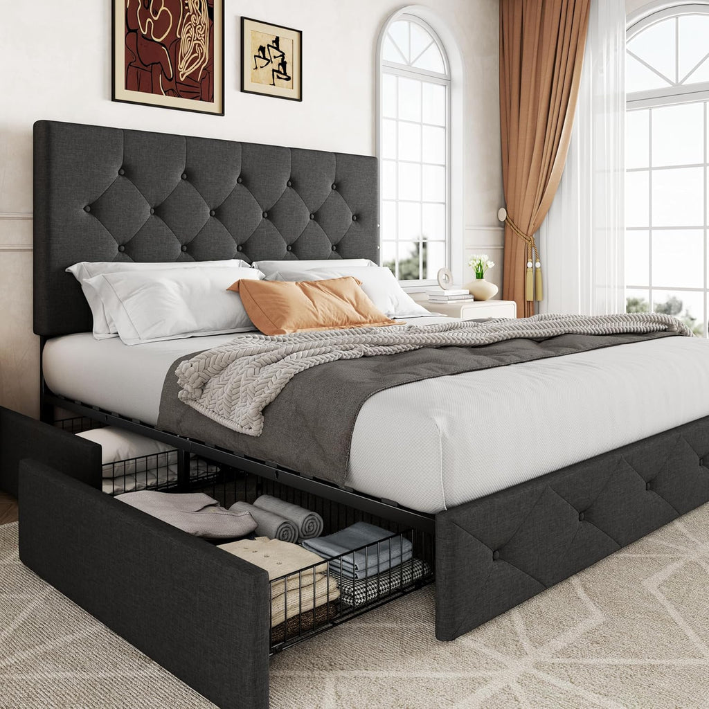 Allewie Upholstered Queen Size Platform Bed Frame with 4 Storage Drawers and Headboard