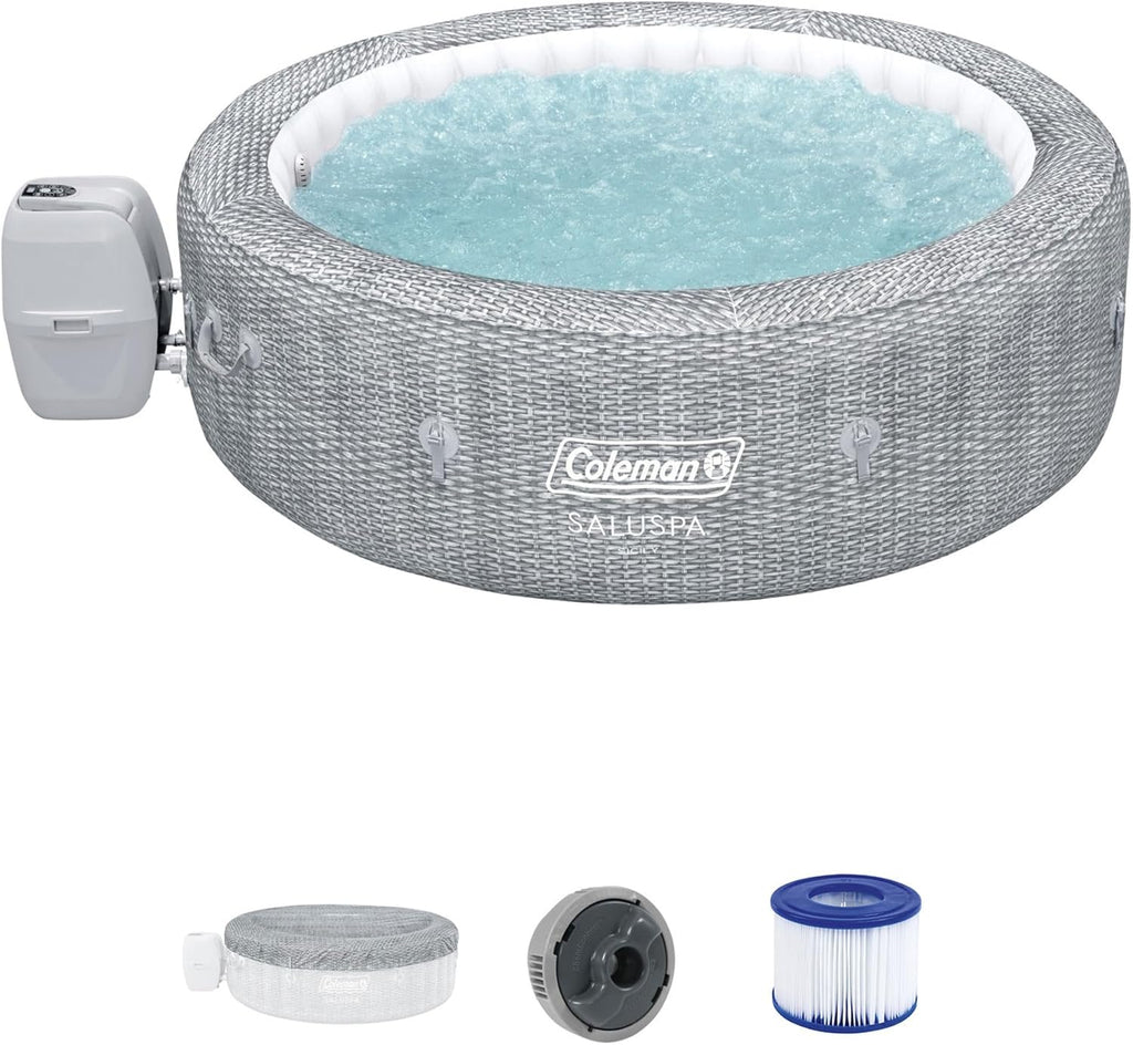 SaluSpa Sicily AirJet 7 Person Inflatable Hot Tub Round Portable Outdoor Spa with 180 Soothing AirJets and Insulated Cover, Gray