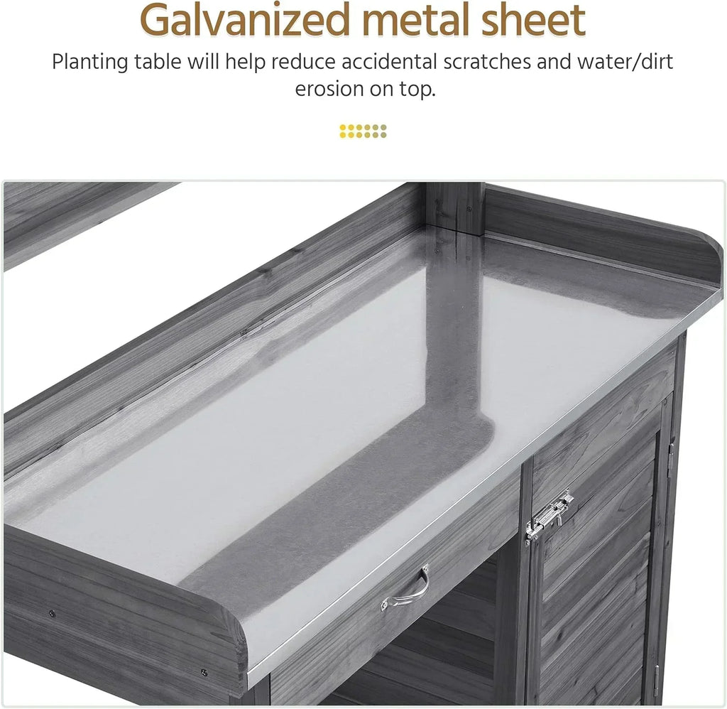 Yaheetech Outdoor Garden Potting Bench Table Work Bench Metal Tabletop Cabinet Drawer