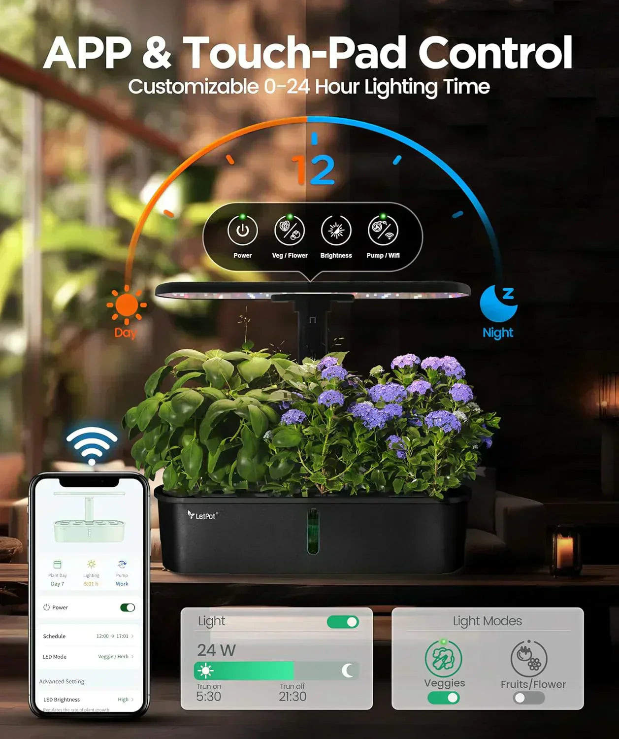 Hydroponic Planting System Kit App and WiFi Controlled Indoor Garden Full Spectrum Grow Light