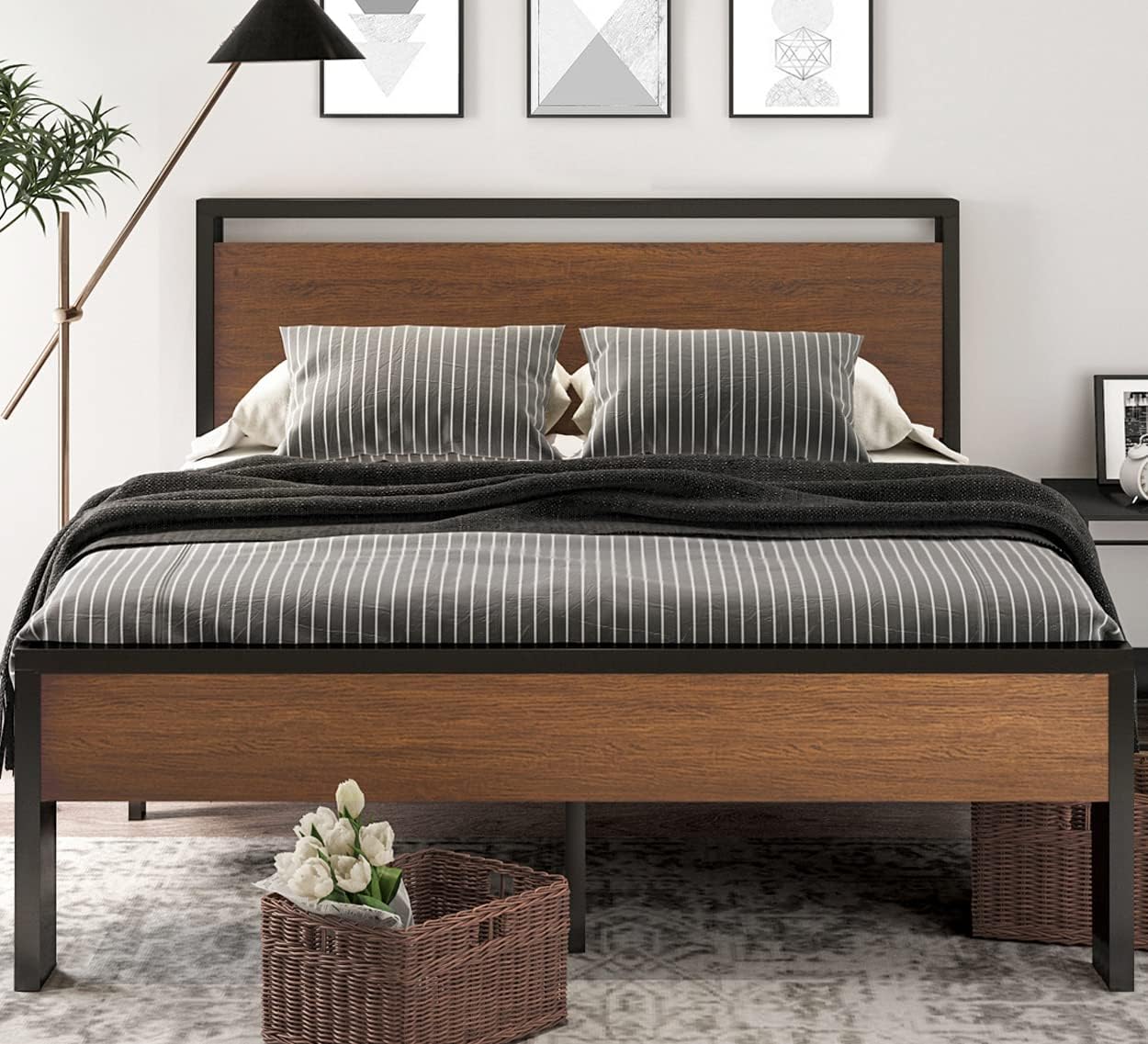 SHA CERLIN 14 Inch Full Size Metal Platform Bed Frame with Wooden Headboard and Footboard
