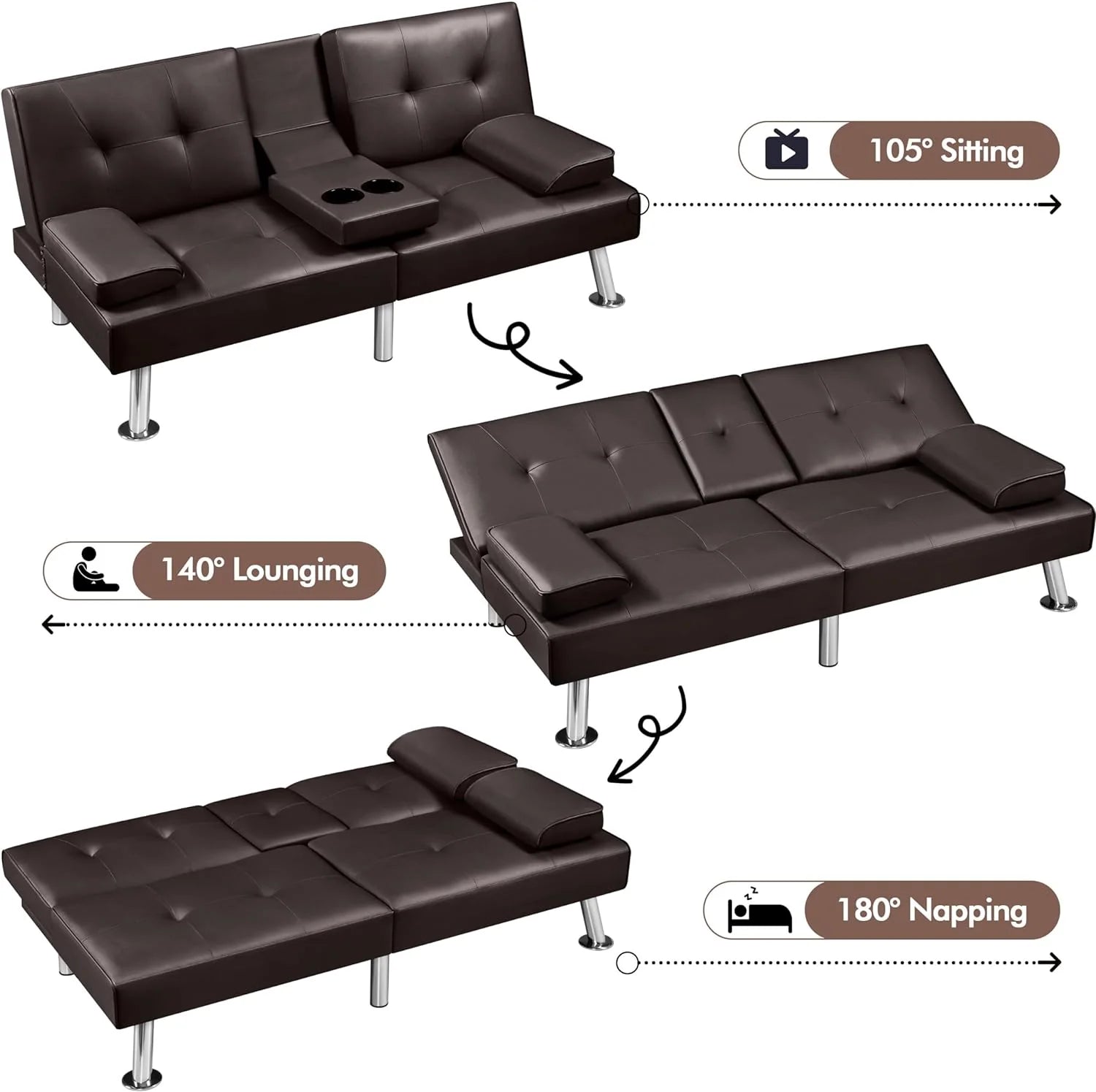 Yaheetech Convertible Sofa Bed Adjustable Couch Sleeper Modern Faux Leather Home Recliner Reversible Loveseat Folding Daybed Guest Bed, Removable Armrests, Cup Holders, 3 Angles, 772lb Capacity, Brown
