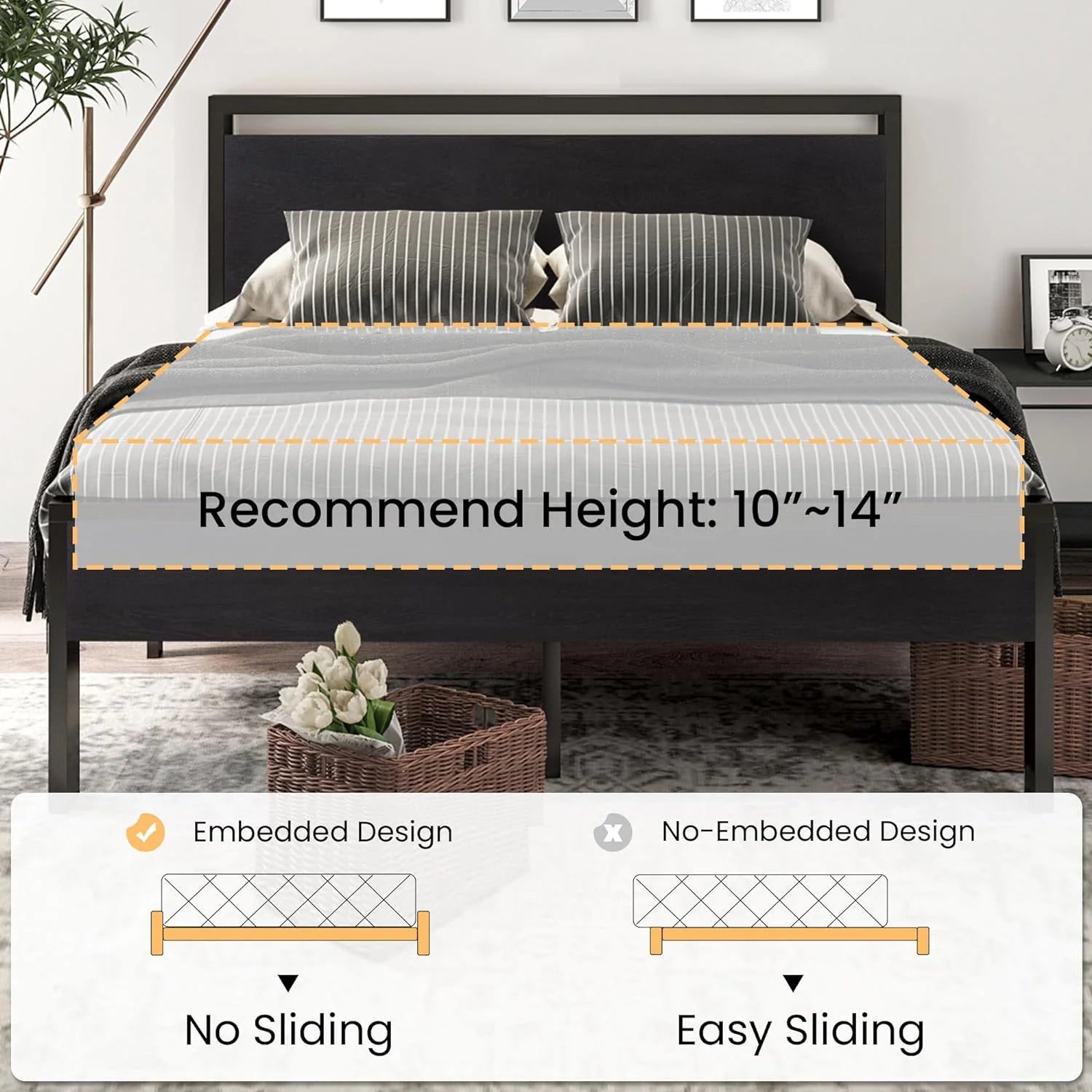 SHA CERLIN 14 Inch Queen Size Metal Platform Bed Frame with Wooden Headboard and Footboard