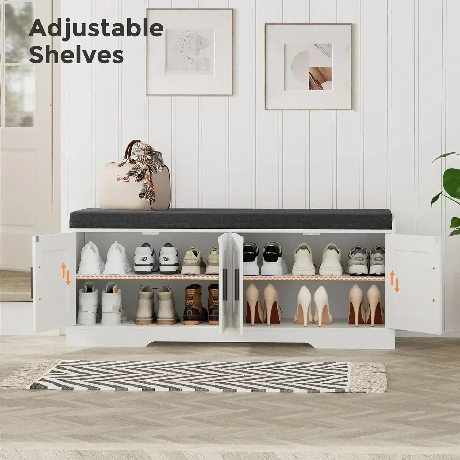 2-Tier Storage Bench Shoe Bench with Thickened Padded Seat Cushion Entryway Bench