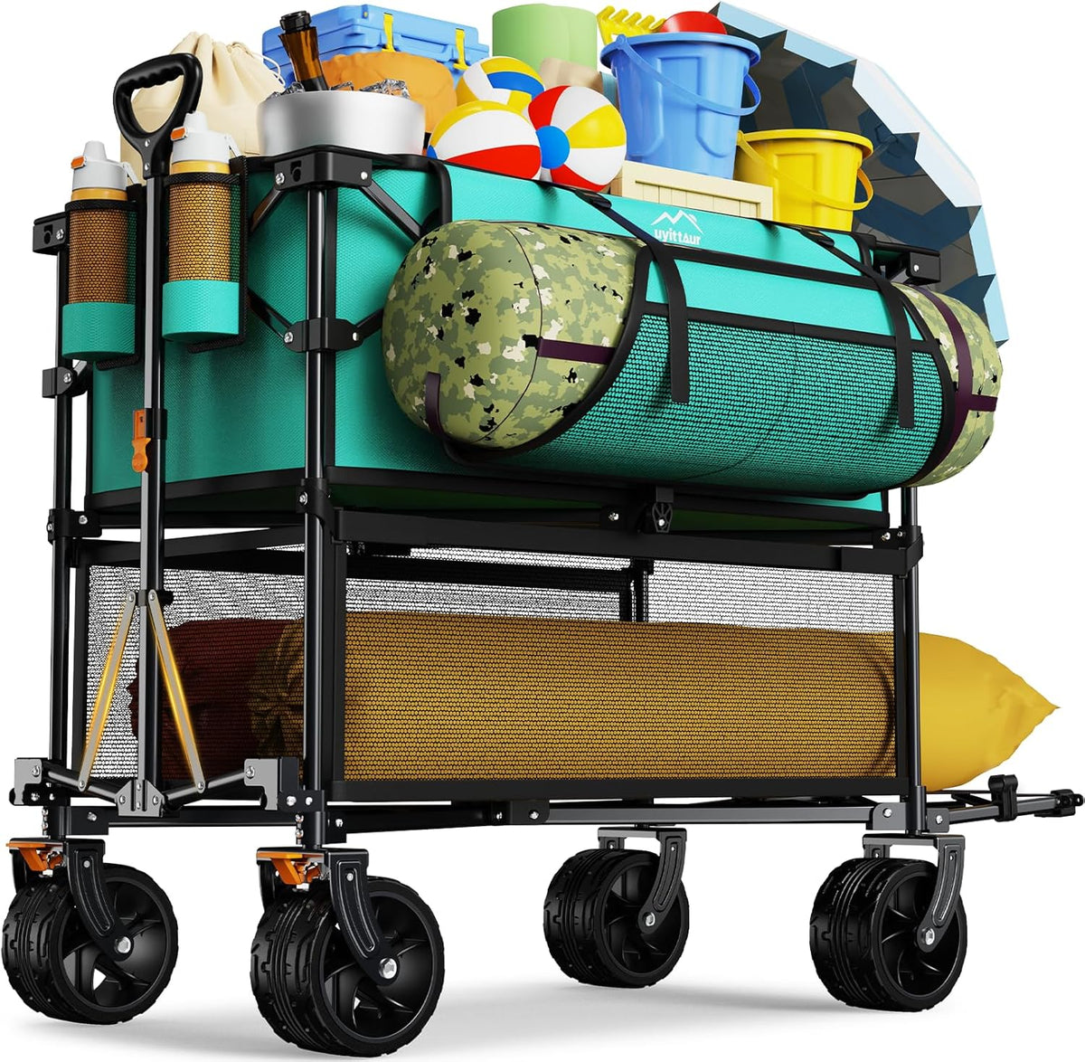 Foldable 50''L Extra Long Double Decker Wagon for Sport 400L Collapsible Heavy Duty Wagon Cart