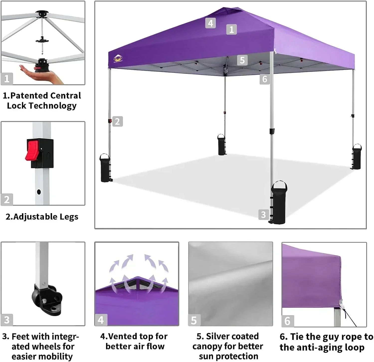 10x10 Pop-Up Awning One-Click Installation Beach Tent Outdoor Sunshade Silver Coated Top