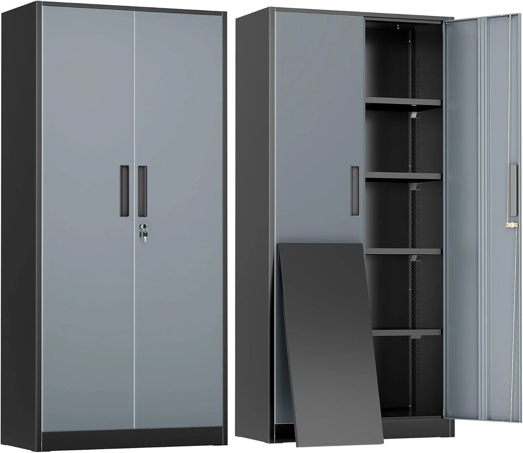 Greenvelly Metal Storage Cabinet, 72 Black Locking Metal Cabinet with 2 Doors and 4 Adjustable Shelves, Lockable Garage Storage Cabinets for Home Office, Garage, Kitchen, Living Room