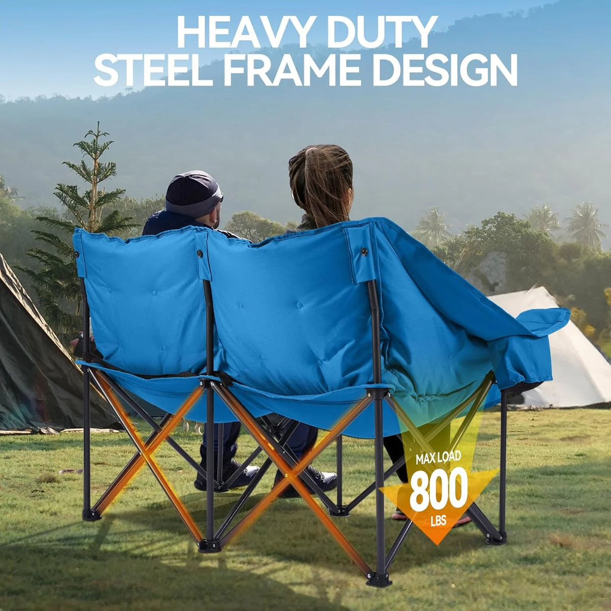 Double Camping Chairs Padded Loveseat Chair for 2 Person - Heavy Duty Oversized Camping Couch for Adults Outdoor Lawn Beach - Portable Folding Sofa with Cup Holders and Carry Bag, Grey