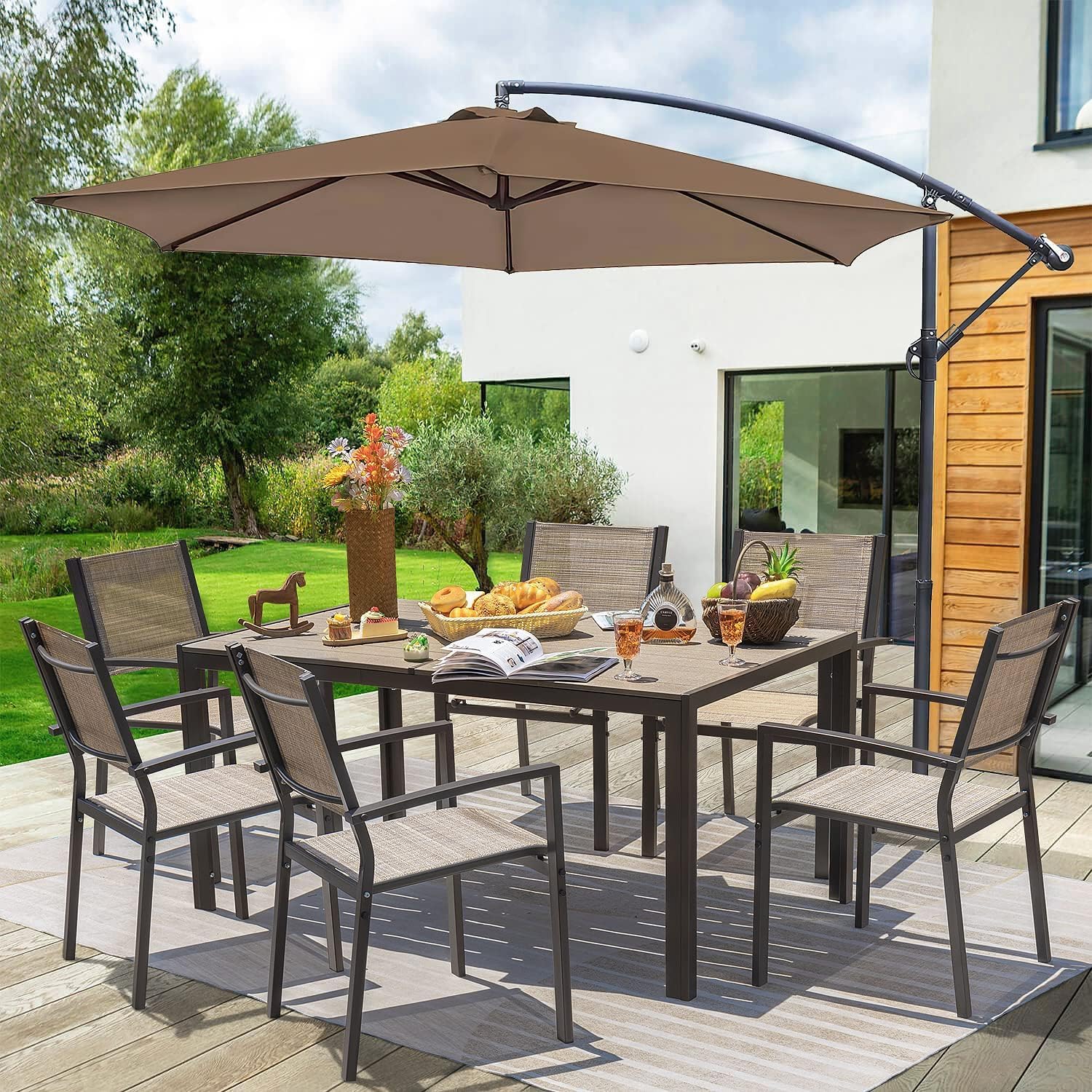 Homall Patio Dining Set 7 Pieces Outdoor Furniture Table and 6 Textilene Chairs Light Grey