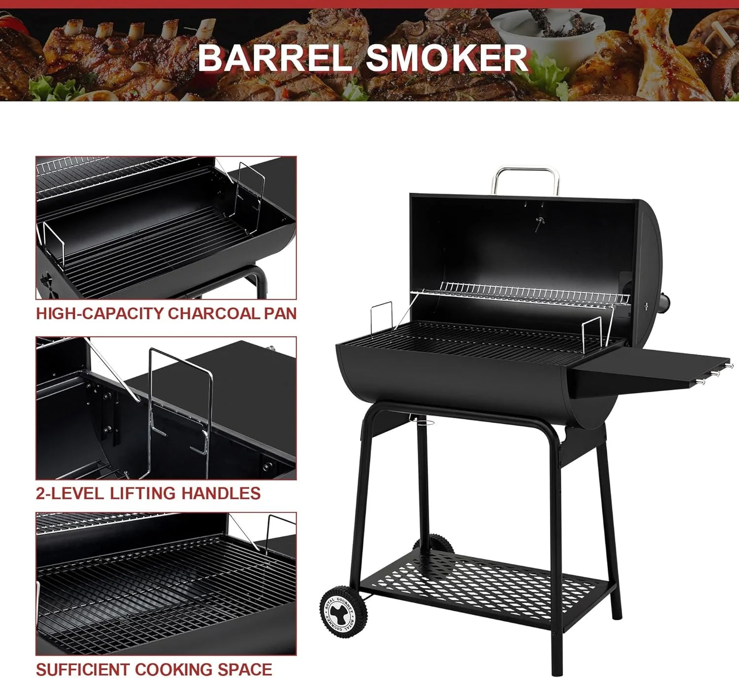Royal Gourmet CC1830 30 Inch Barrel Charcoal Grill with Warming Rack Outdoor BBQ Grill
