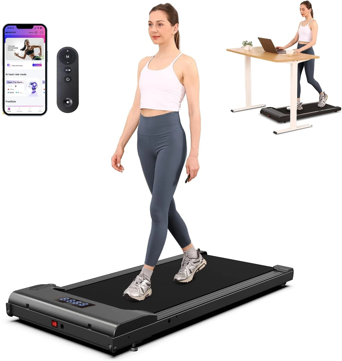 Lichico Walking Pad Under Desk Treadmill, Ultra-Quiet Brushless Electric Walking and Jogging Treadmill with Remote Control