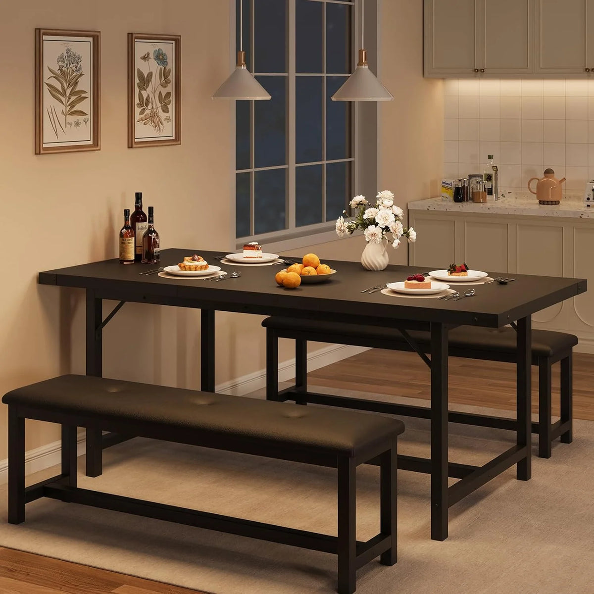 IDEALHOUSE 3 Piece Dining Table Set 63 Thick Metal Frame Kitchen Table Wooden Dinette Table Set