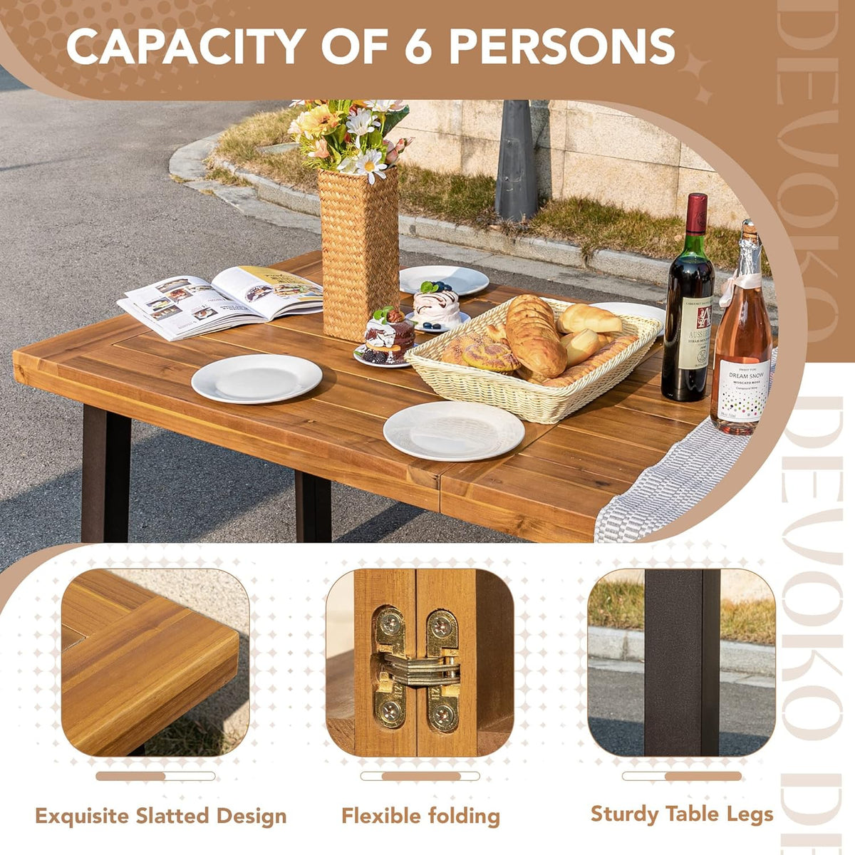 Devoko Home Acacia Wood Dining Table 6-Person Indoor Outdoor Table Iron Legs Sandblast Finish