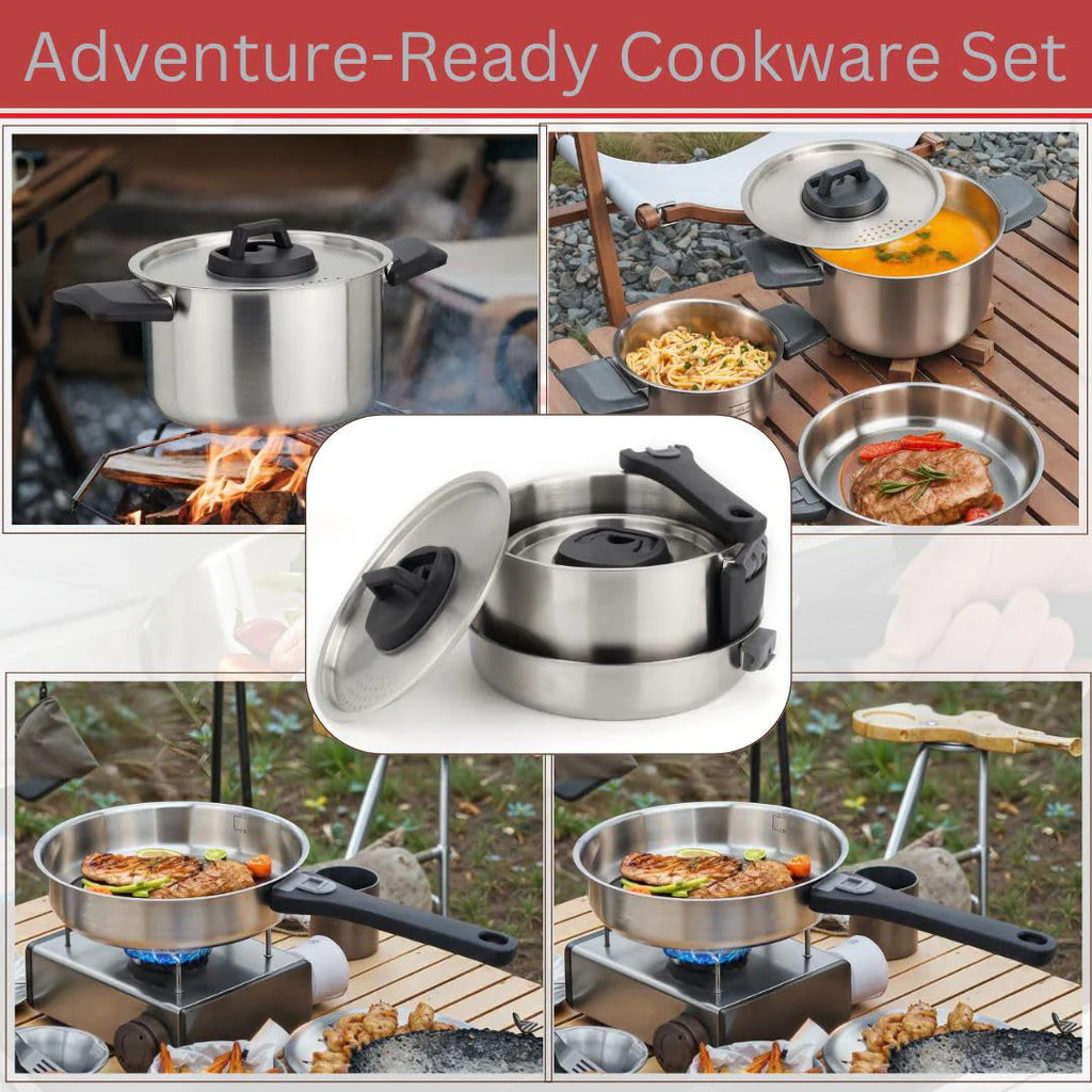 6 Piece Stainless Steel Nesting Camping Cookware Set with Detachable Handle Frying Pan