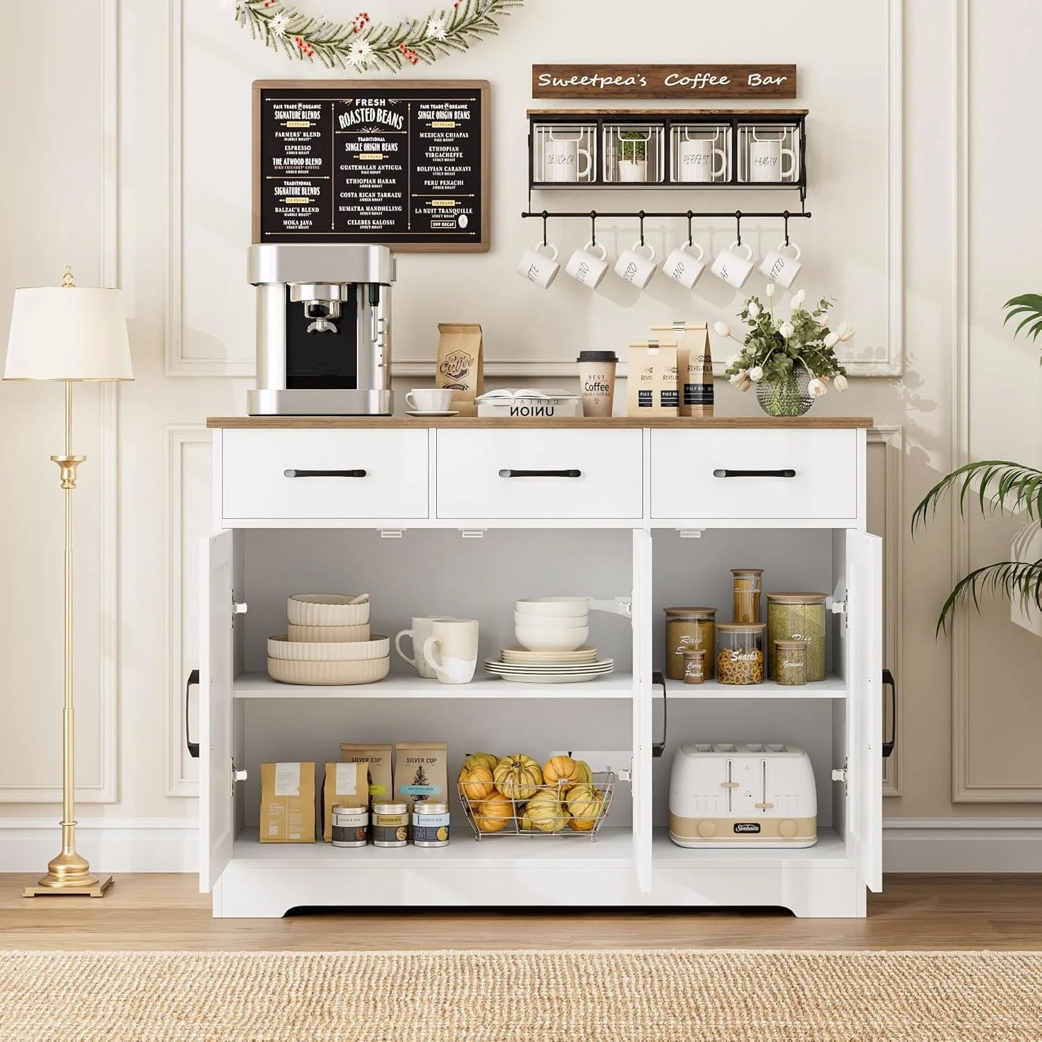 Modern farmhouse sideboard, barn door buffet storage cabinet with drawers and shelves, wooden coffee bar with storage