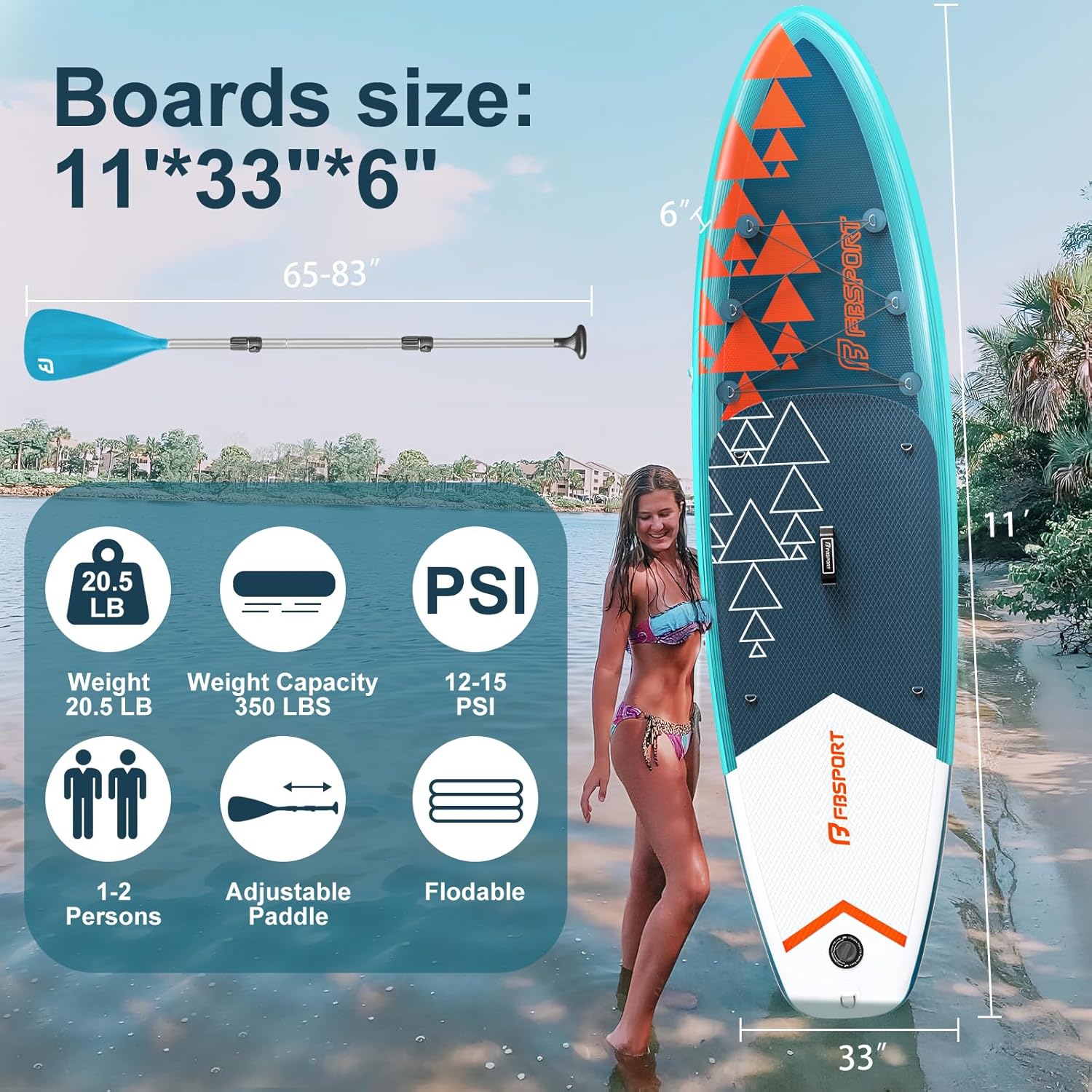 FBSPORT 11' Premium Stand Up Paddle Board Yoga Board with Durable SUP Accessories Carry Bag