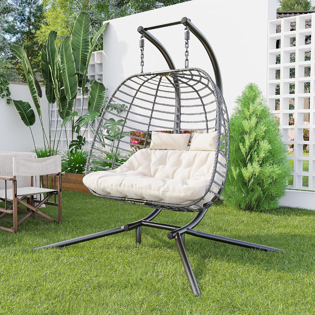 HWB Hanging Egg Chair with Stand Patio Wicker Hammock Egg Swing Chair Cushion for Bedroom