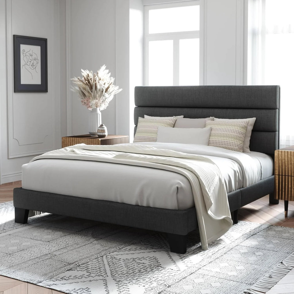 Allewie Queen Size Platform Bed Frame Fabric Upholstered Headboard Wooden Slats Support