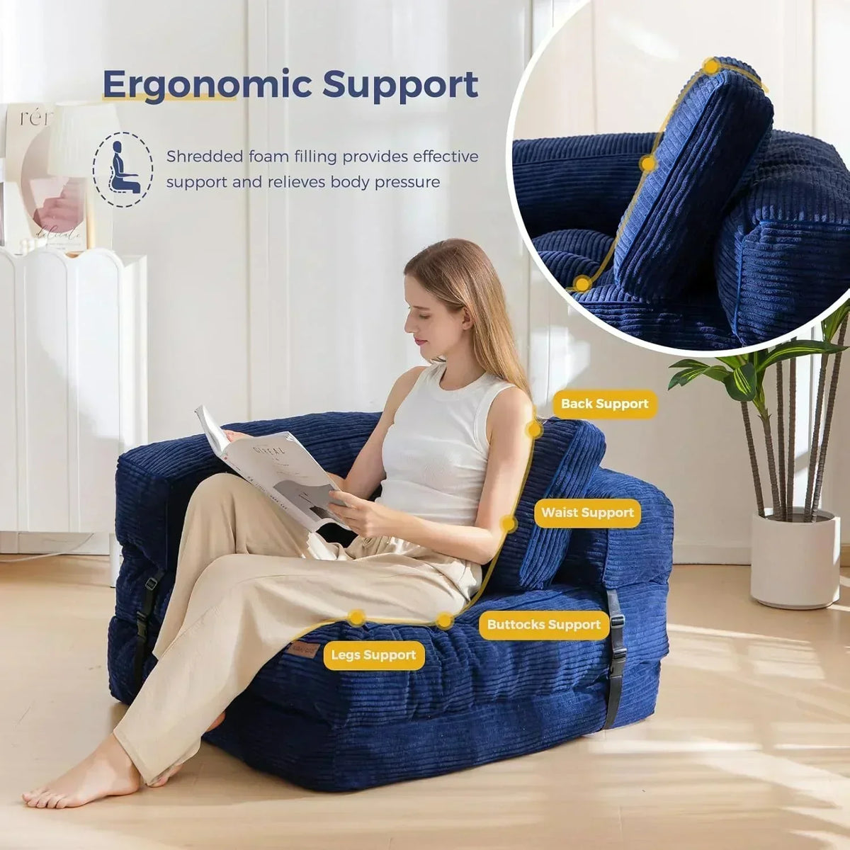 Folding Sofa Bed L-Shaped Convertible Sofa Bed with Armrests and Pillows