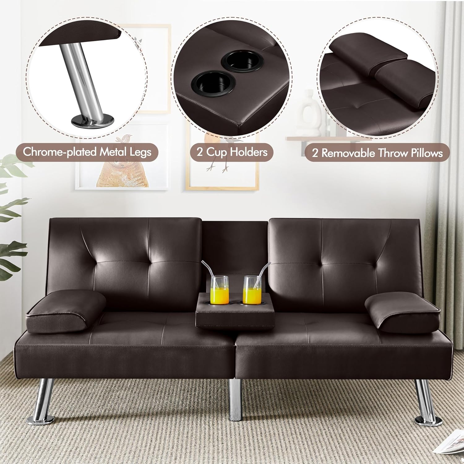 Yaheetech Convertible Sofa Bed Adjustable Couch Sleeper Modern Faux Leather Home Recliner Reversible Loveseat Folding Daybed Guest Bed, Removable Armrests, Cup Holders, 3 Angles, 772lb Capacity, Brown