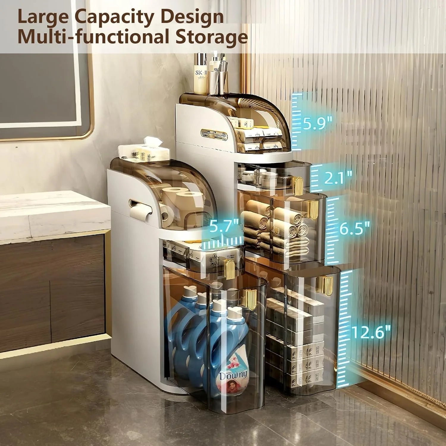 4-Tiers Narrow Bathroom Storage Cabinet 7.1 Slim Bathroom Floor Organizer with Drawers