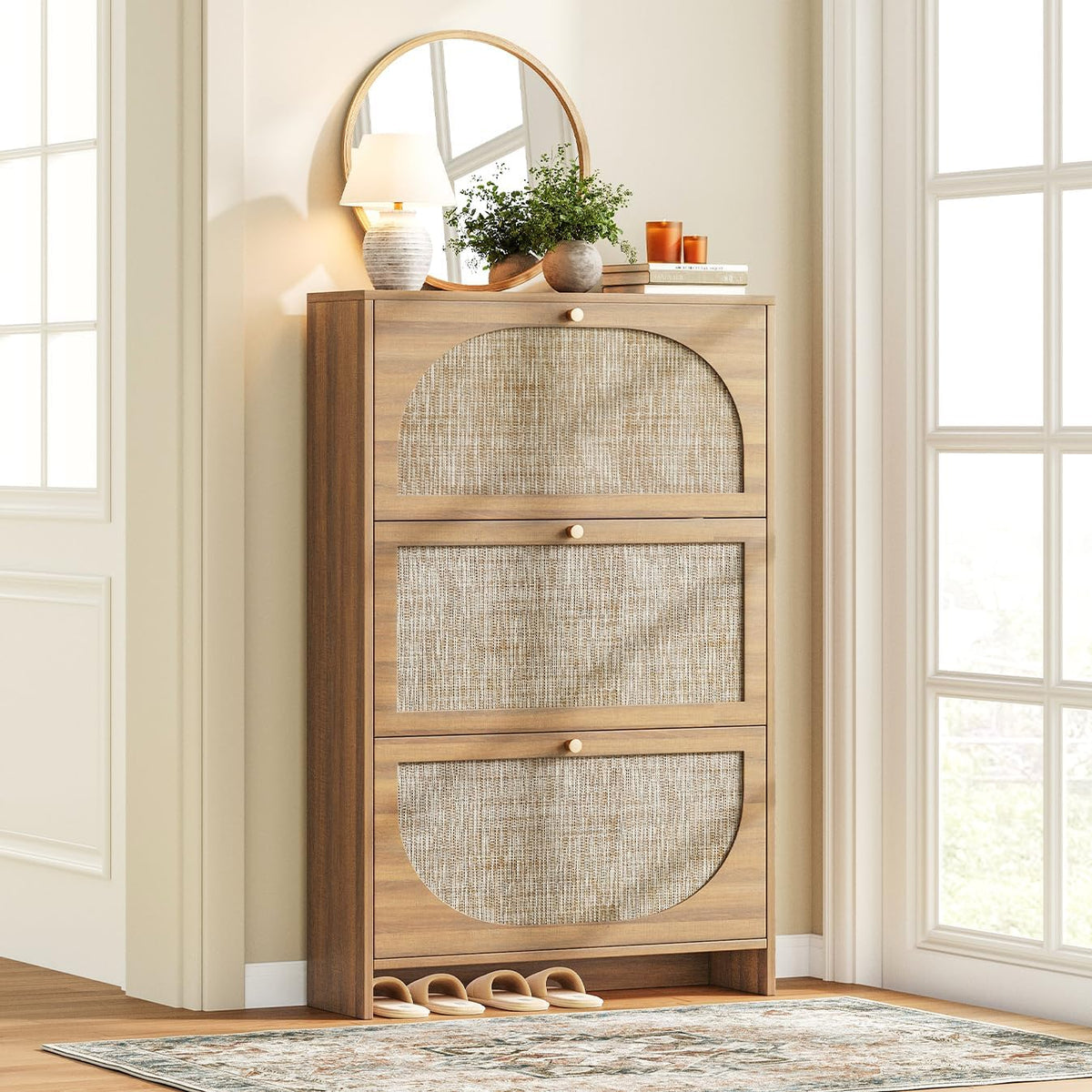 Nicetree Freestanding Ultra Slim Arched Rattan Accent Shoe Storage  Modern Rustic Shoe Rack