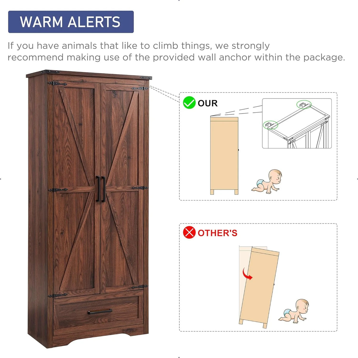JXQTLINGMU Farmhouse Kitchen Pantry - 72 Tall Wood Kitchen Storage Cabinet with Adjustable Shelves and 2 Barn-Style Doors and Drawers