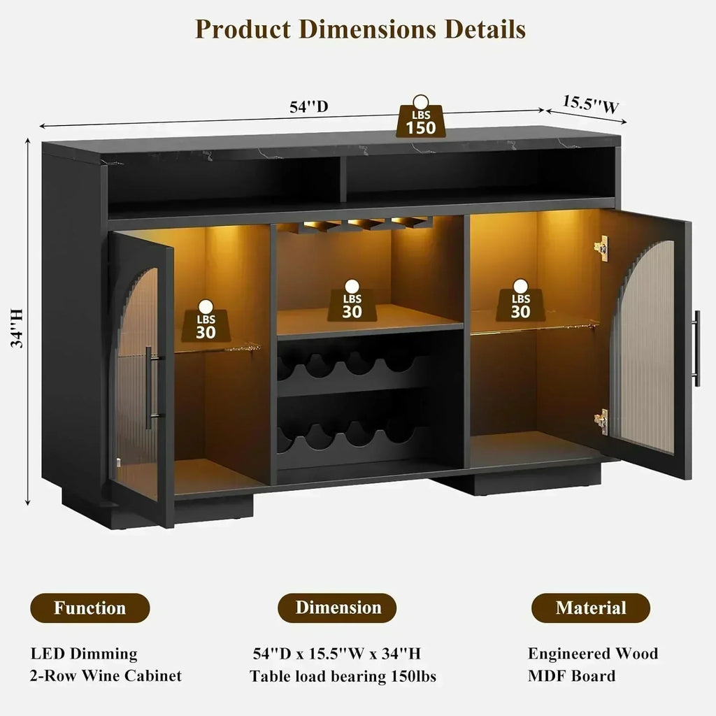 Sideboard 54-inch kitchen cabinet with LED lights and arched glass doors tall bar cabinet